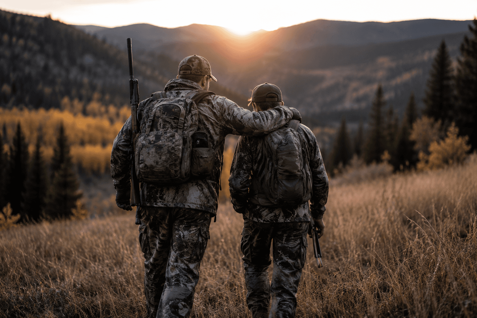 Two hunters walking through the field at sunset
