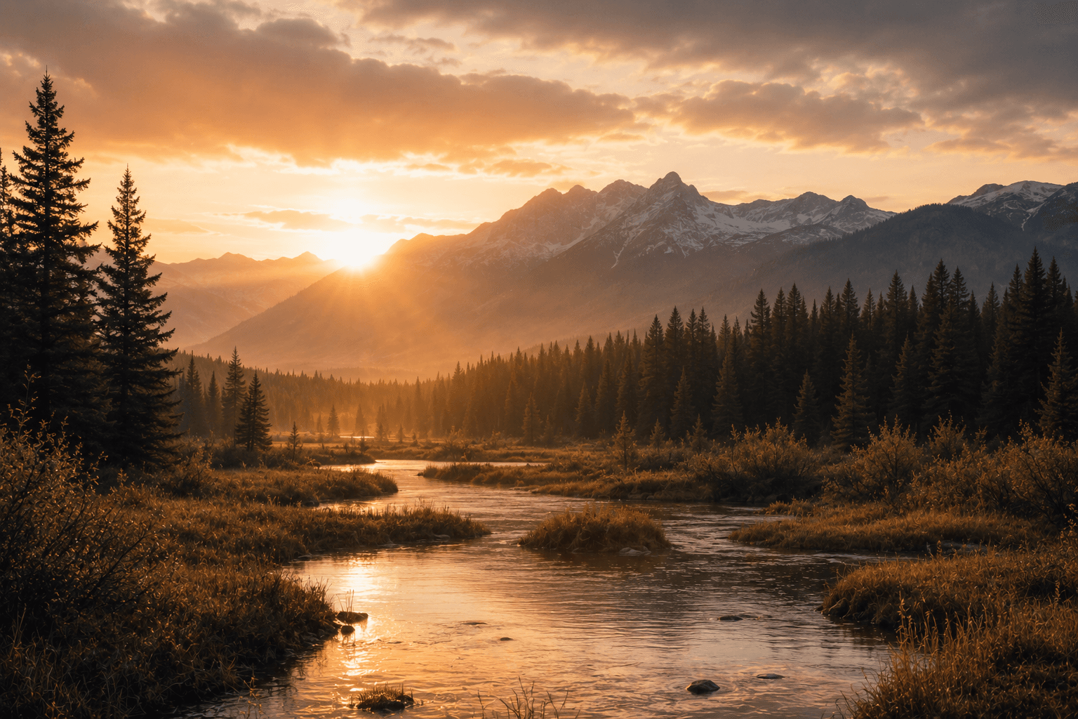 Sunrise over a mountain valley and river