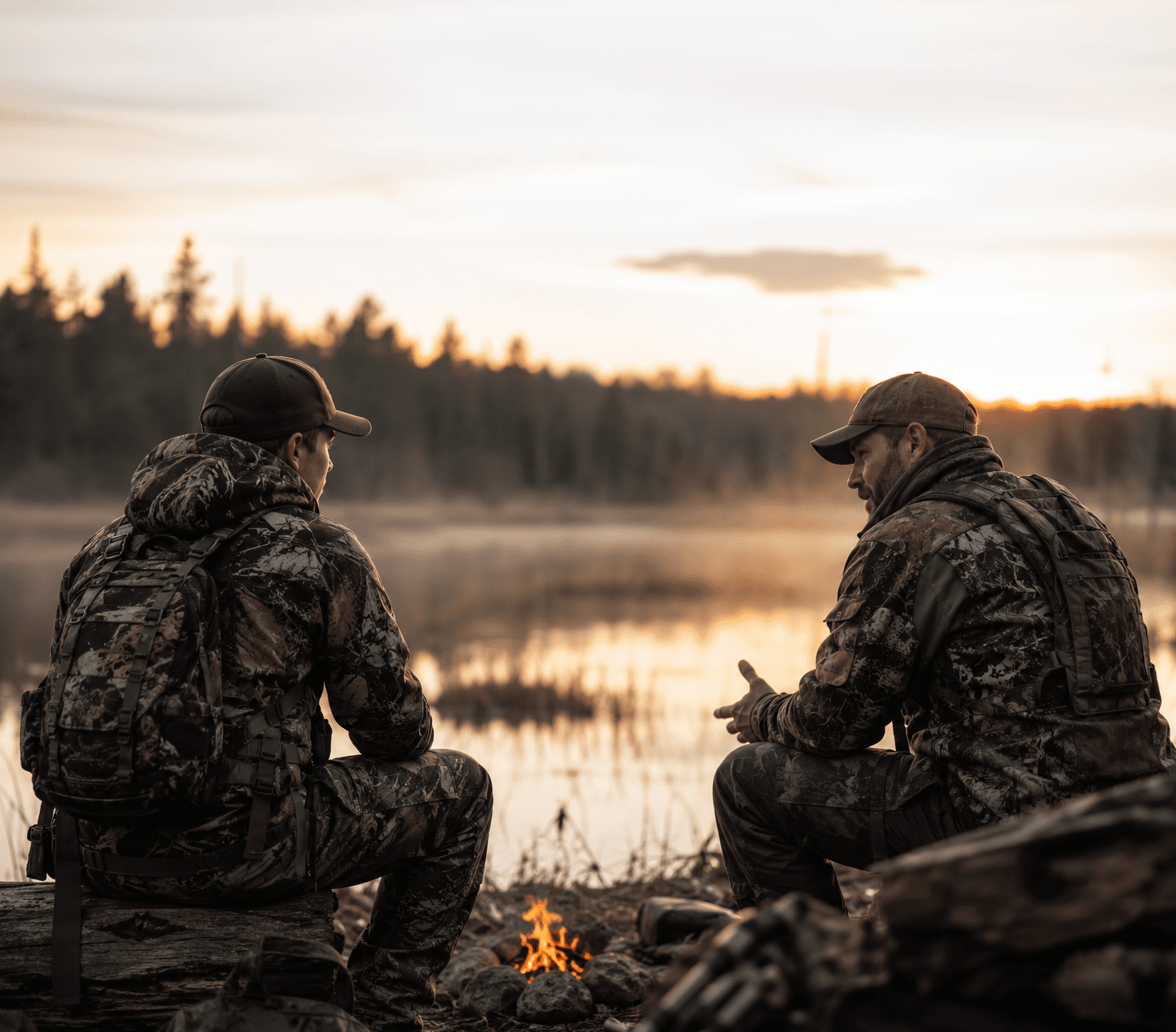 Two mentors sitting by a campfire at dusk
